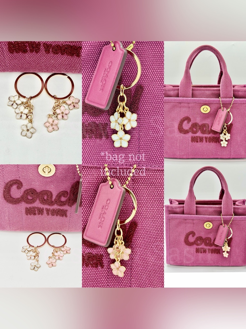 NWT GOLD TRIMMED WHITE FLOWERS BAG CHARM W/ANTI-OXIDATION BAG COACH BAG NOT INCL
